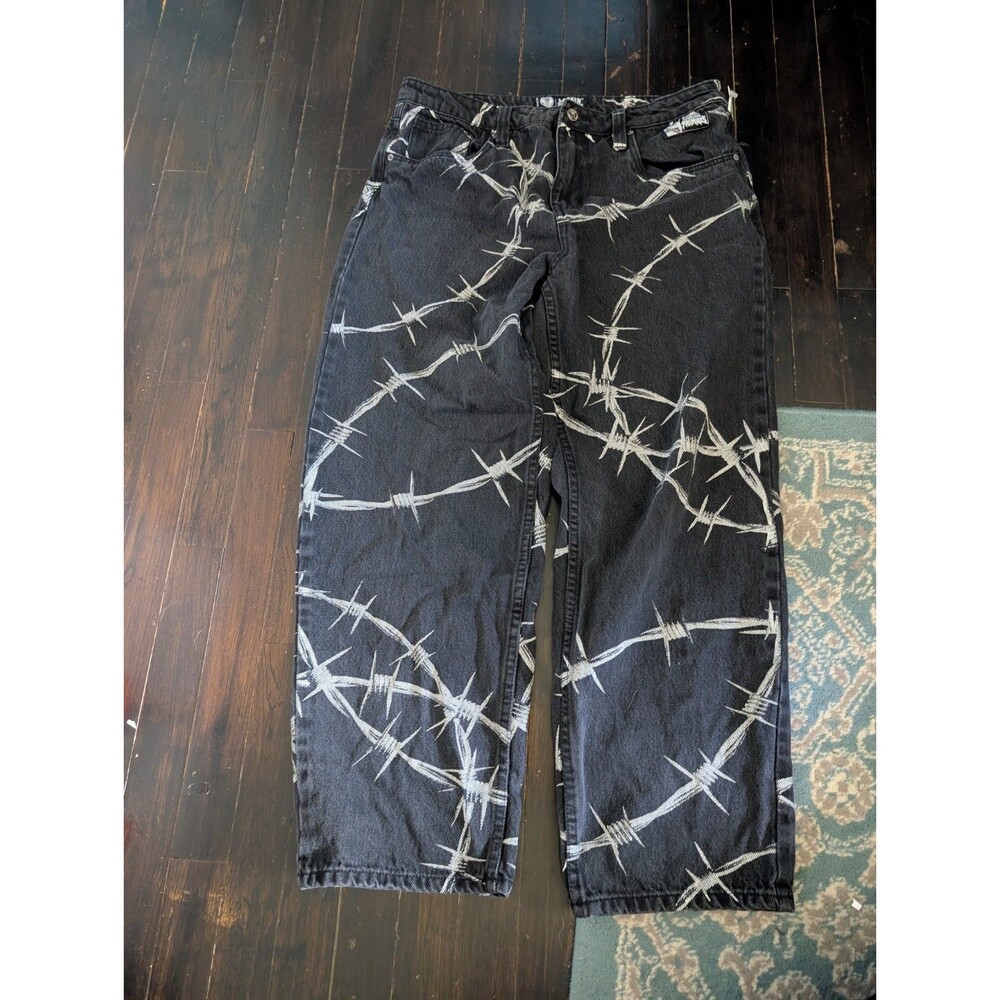 Broken Promises Men’s 32x28 Black Barbed Wire Graphic Denim Streetwear Jeans